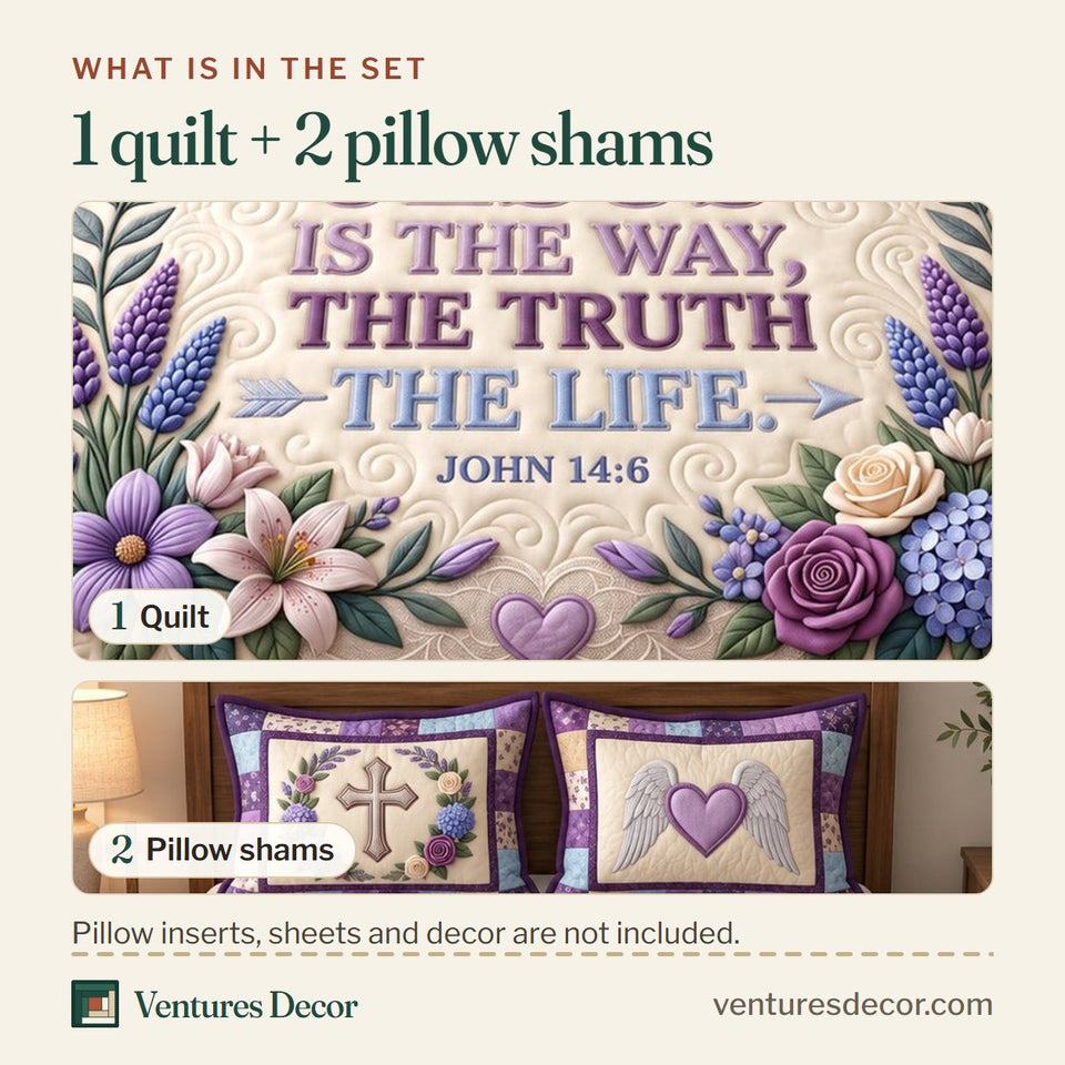 What is in the set: one quilt and two pillow shams, shown in the Purple Floral Grace design