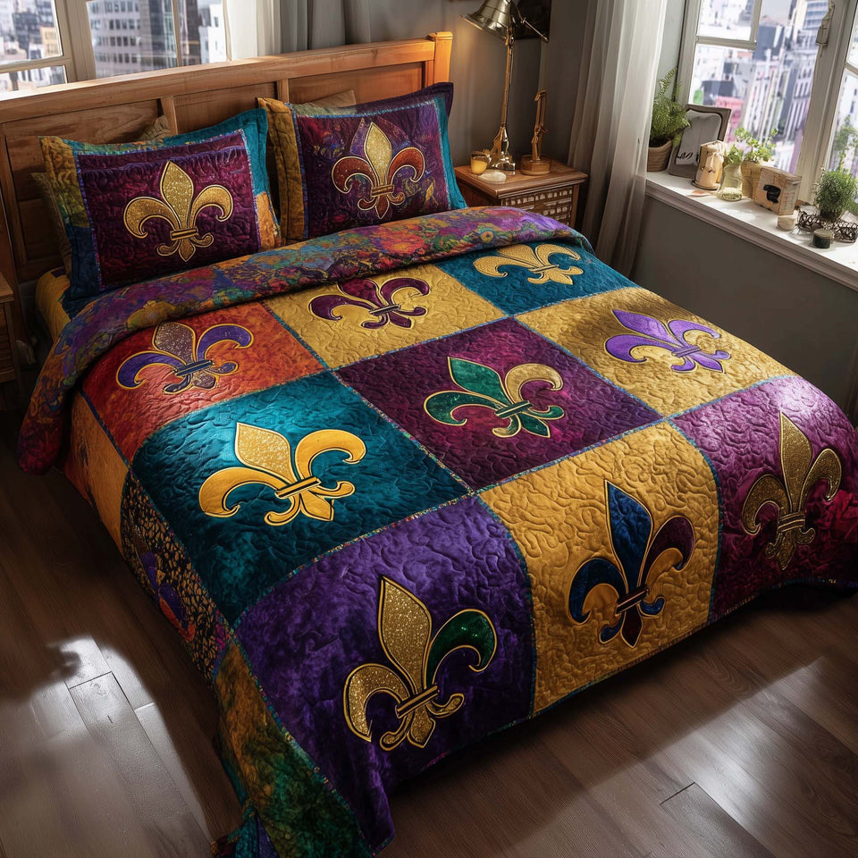 Purple Gold Fleur Mosaic quilted bedding set, quilt and two pillow shams on a made bed