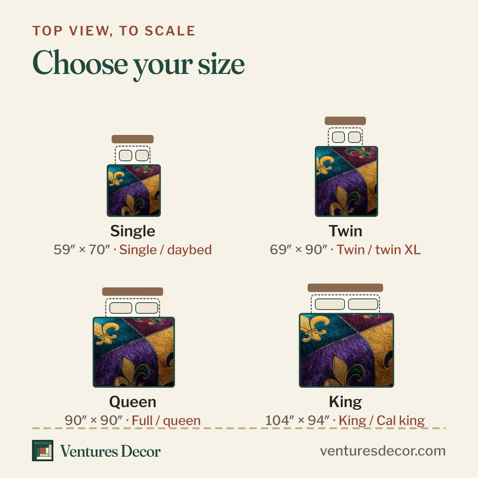 Size guide for the Purple Gold Fleur Mosaic quilt, top view to scale: Single 59 x 70 in, Twin 69 x 90 in, Queen 90 x 90 in, King 104 x 94 in