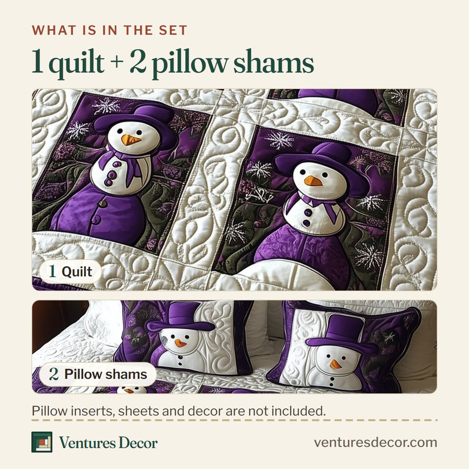 What is in the set: one quilt and two pillow shams, shown in the Purple Joy Nine Patch Vine Blocks design