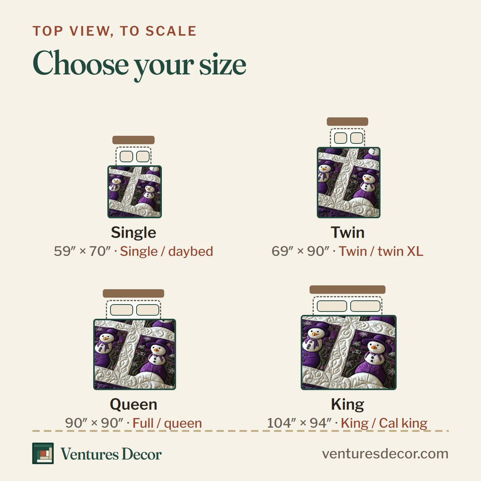 Size guide for the Purple Joy Nine Patch Vine Blocks quilt, top view to scale: Single 59 x 70 in, Twin 69 x 90 in, Queen 90 x 90 in, King 104 x 94 in