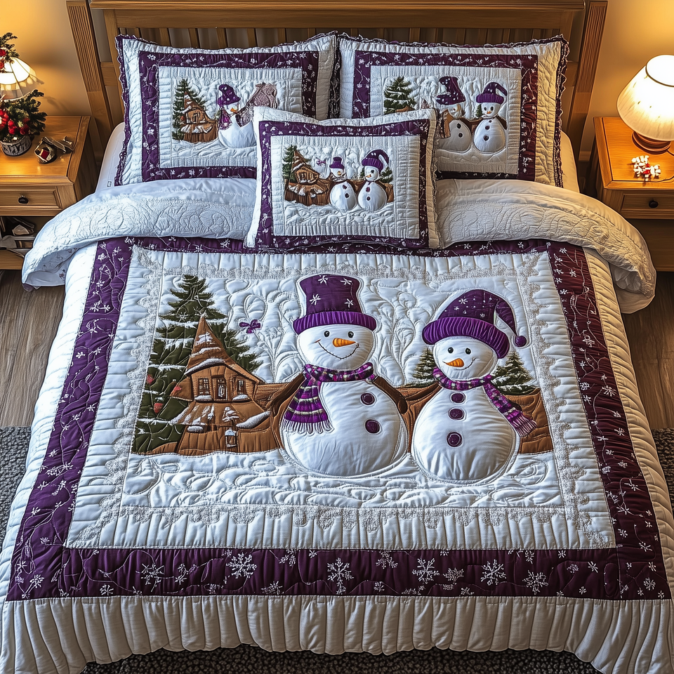 Purple Joy Pale Cabin Pair quilted bedding set, quilt and two pillow shams on a made bed