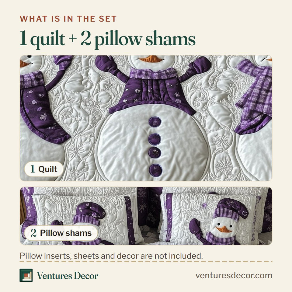 What is in the set: one quilt and two pillow shams, shown in the Purple Joy Plaid Scarf Cream design