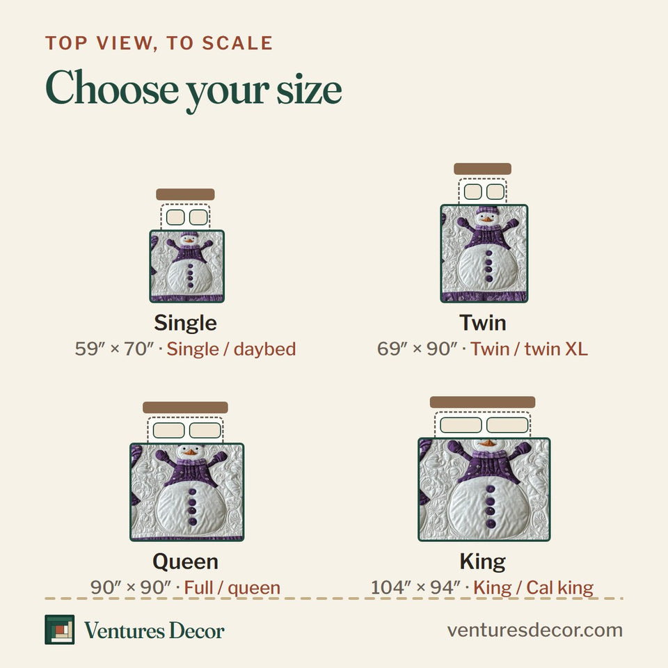 Size guide for the Purple Joy Plaid Scarf Cream quilt, top view to scale: Single 59 x 70 in, Twin 69 x 90 in, Queen 90 x 90 in, King 104 x 94 in