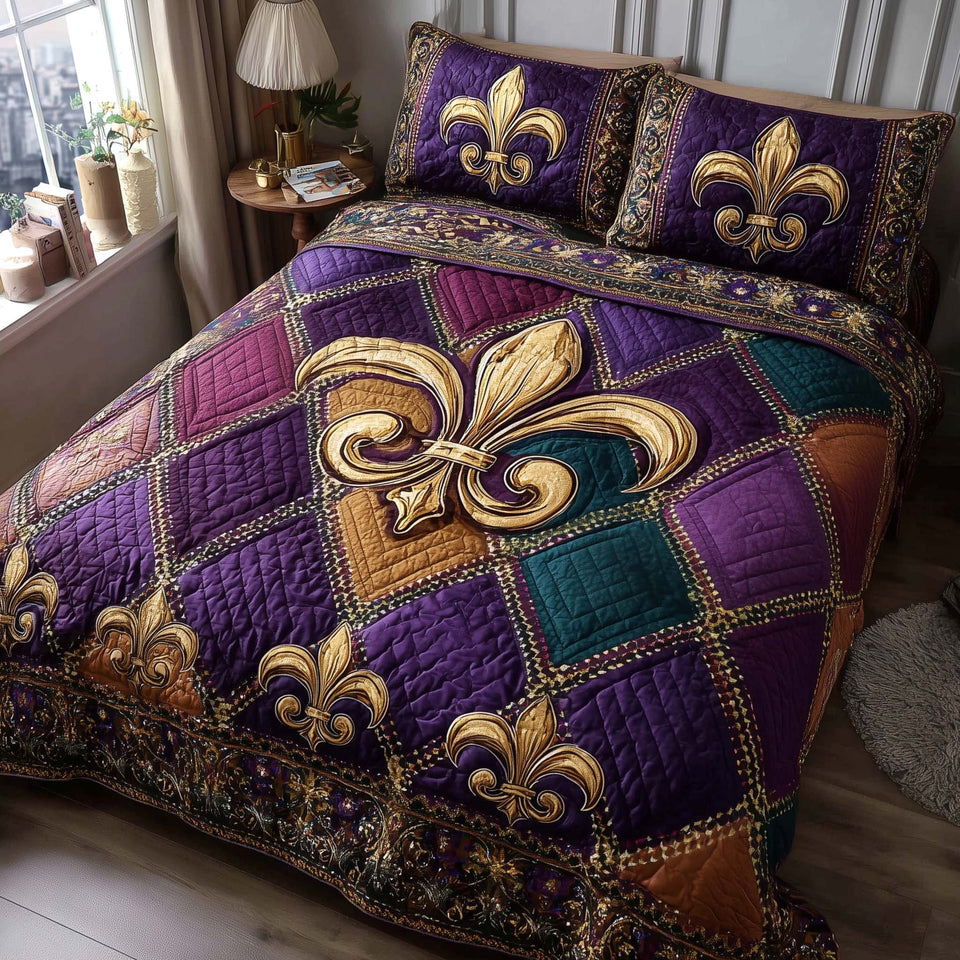 Purple Revelry Fleur on Purple and Teal Checks quilted bedding set, quilt and two pillow shams on a made bed