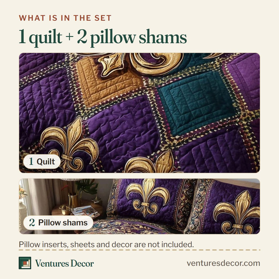 What is in the set: one quilt and two pillow shams, shown in the Purple Revelry Fleur on Purple and Teal Checks design