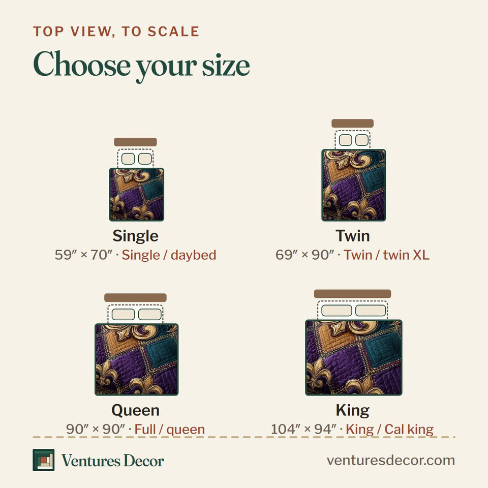 Size guide for the Purple Revelry Fleur on Purple and Teal Checks quilt, top view to scale: Single 59 x 70 in, Twin 69 x 90 in, Queen 90 x 90 in, King 104 x 94 in