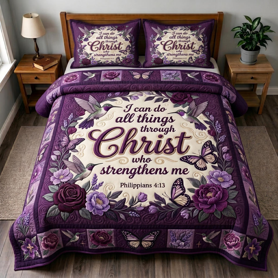 Purple Rose Christ Verse quilted bedding set, quilt and two pillow shams on a made bed