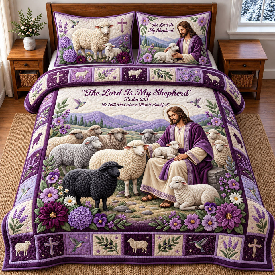 Purple Shepherd quilted bedding set, quilt and two pillow shams on a made bed