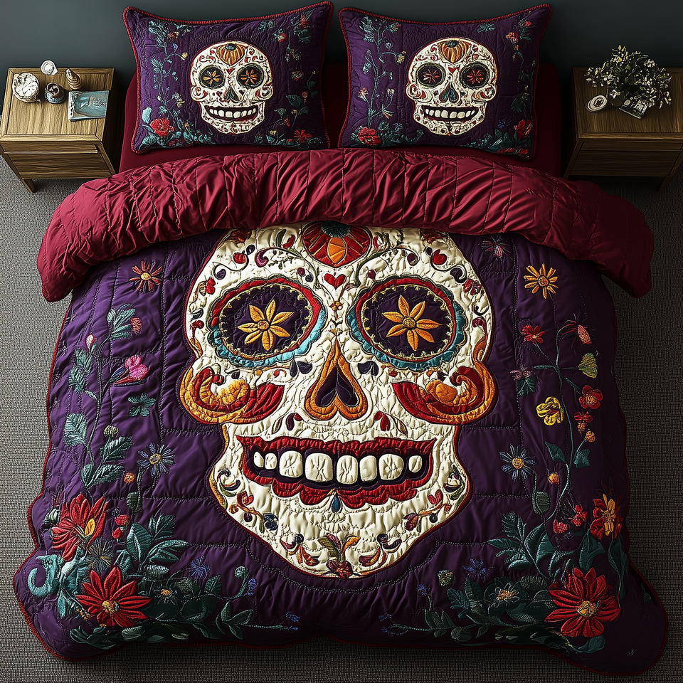 Purple Skull Sunflower Eye Roses quilted bedding set, quilt and two pillow shams on a made bed