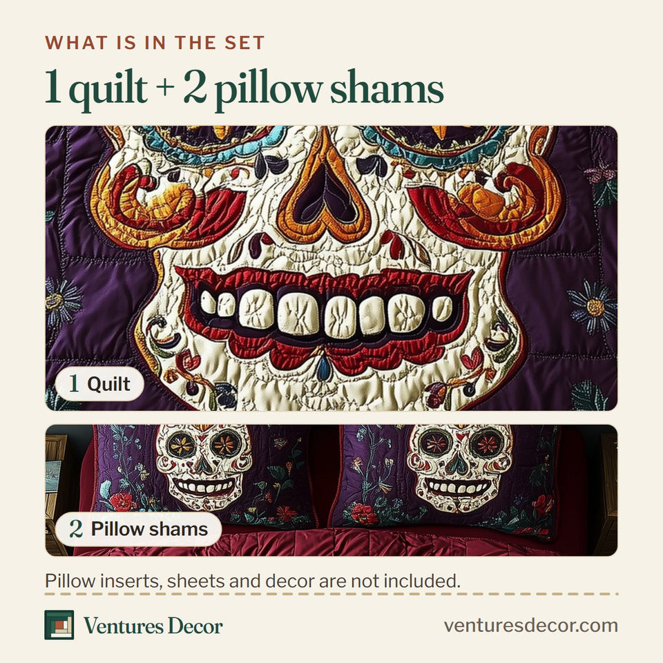 What is in the set: one quilt and two pillow shams, shown in the Purple Skull Sunflower Eye Roses design
