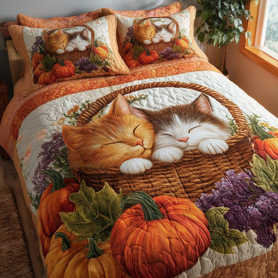Purrfect Fall Dreams Basket Nap with Pumpkins quilted bedding set, quilt and two pillow shams on a made bed