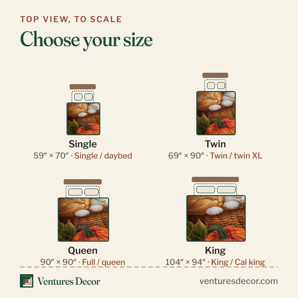 Size guide for the Purrfect Fall Dreams Basket Nap with Pumpkins quilt, top view to scale: Single 59 x 70 in, Twin 69 x 90 in, Queen 90 x 90 in, King 104 x 94 in