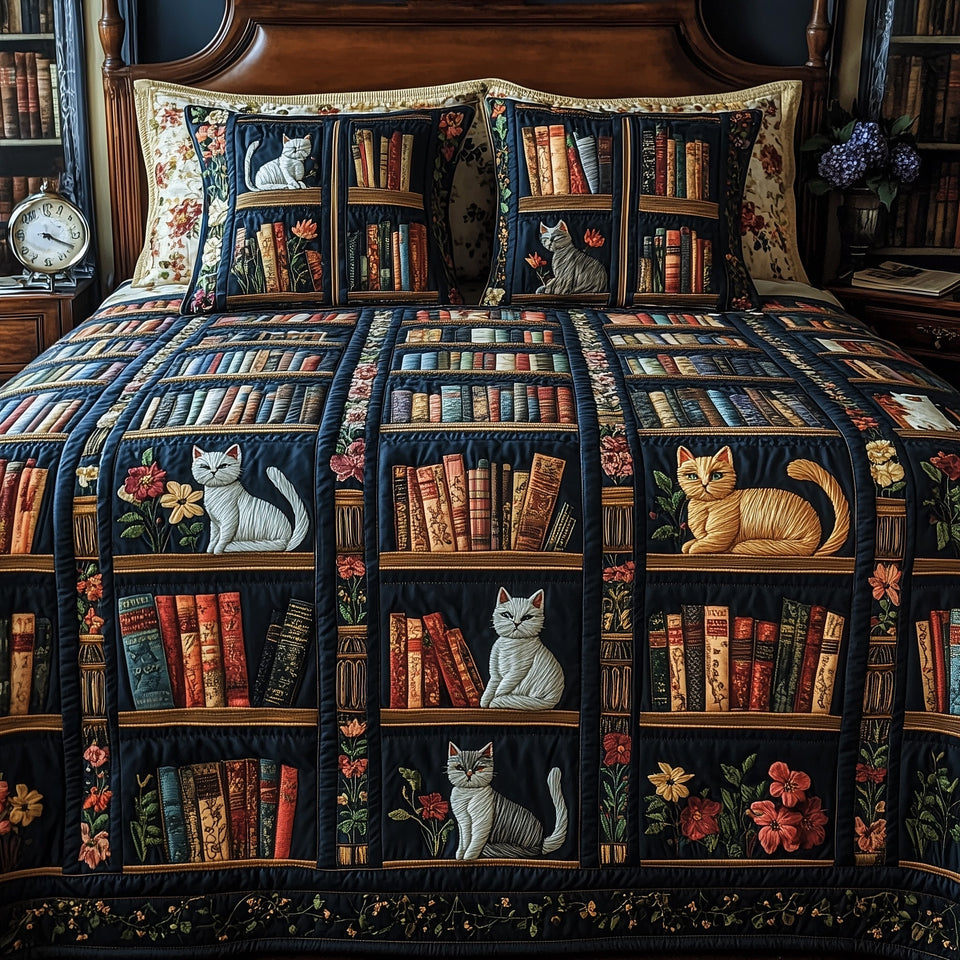 Purrfect Library Retreat quilted bedding set, quilt and two pillow shams on a made bed