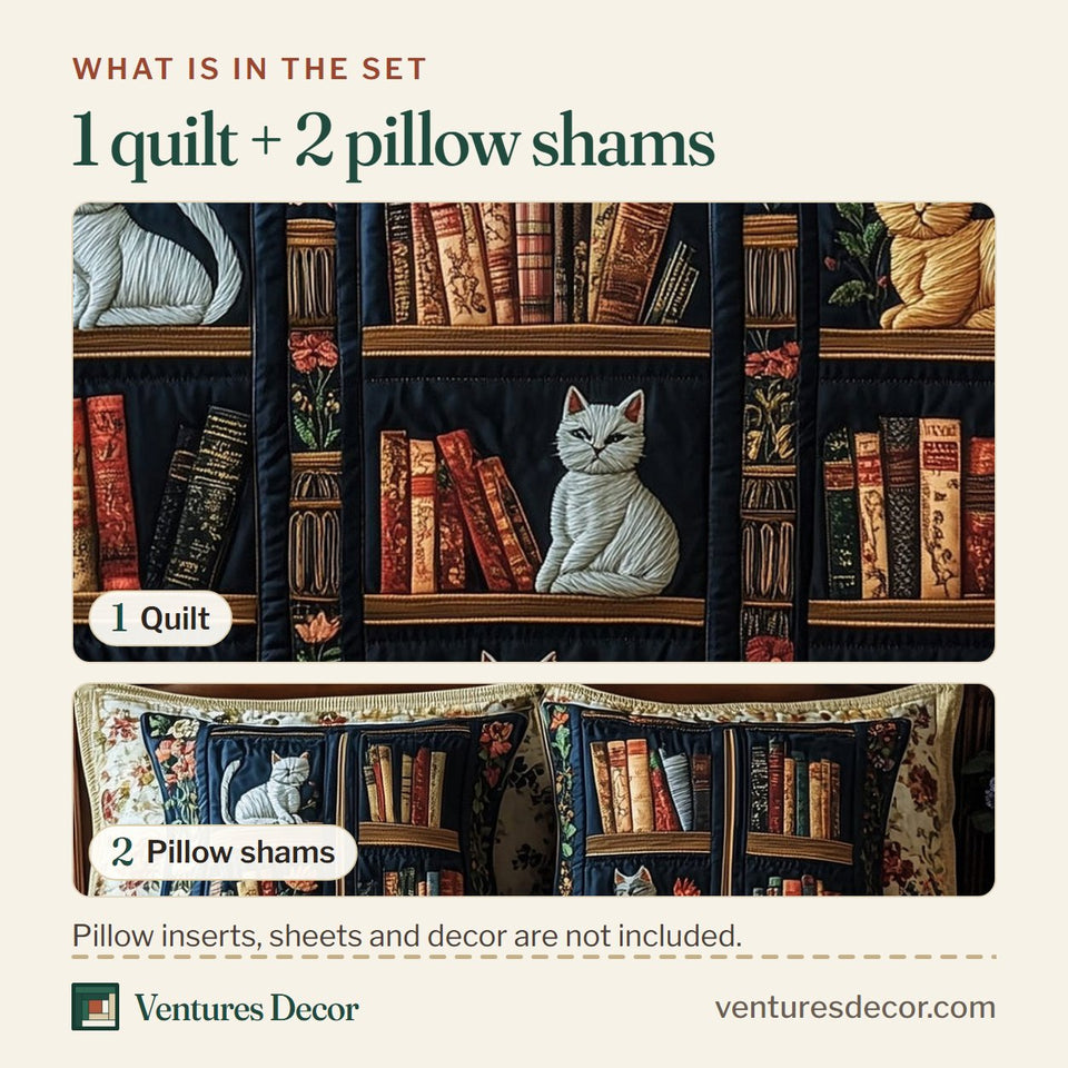 What is in the set: one quilt and two pillow shams, shown in the Purrfect Library Retreat design