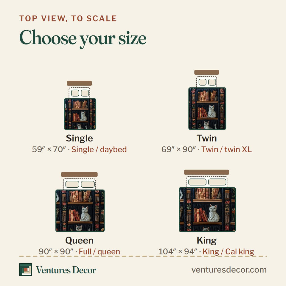 Size guide for the Purrfect Library Retreat quilt, top view to scale: Single 59 x 70 in, Twin 69 x 90 in, Queen 90 x 90 in, King 104 x 94 in