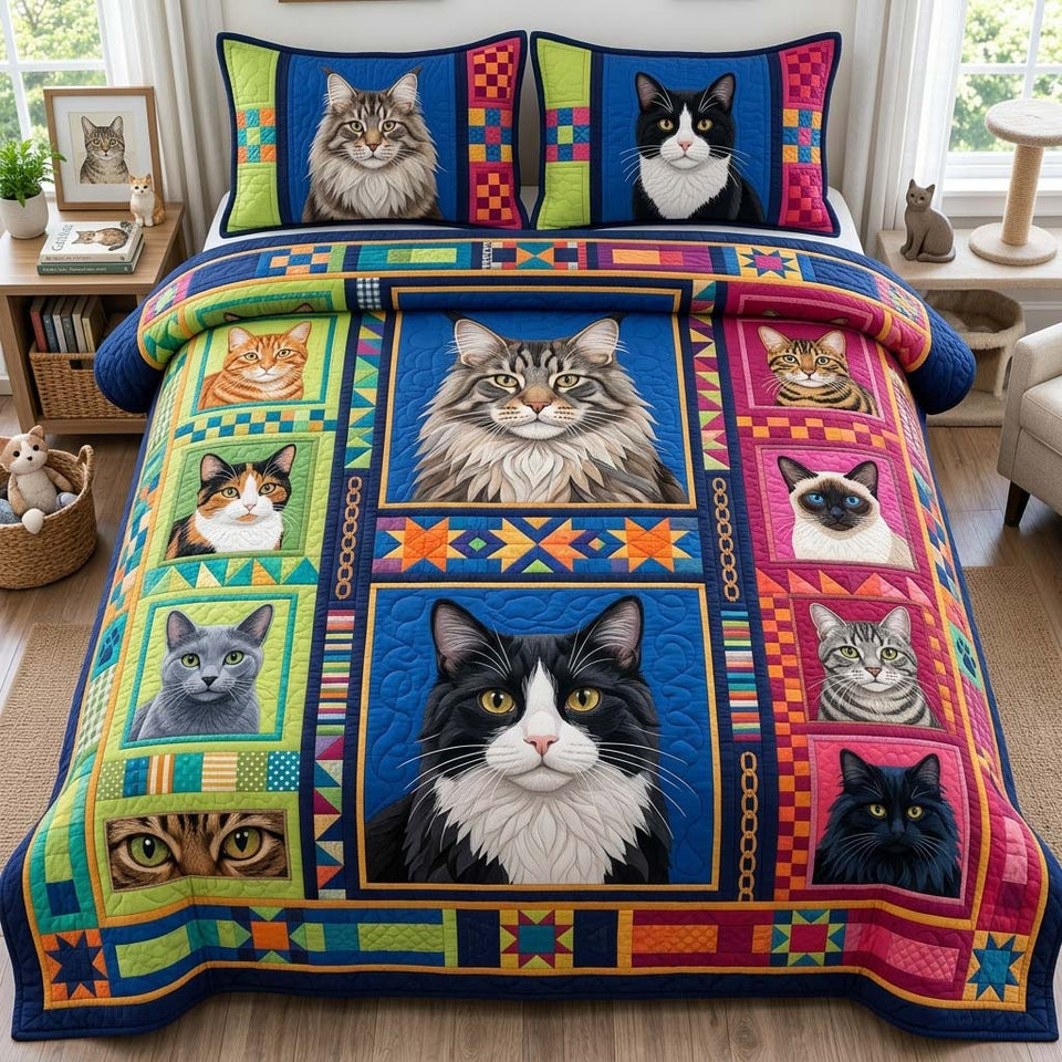 Purrfect Patchwork quilted bedding set, quilt and two pillow shams on a made bed