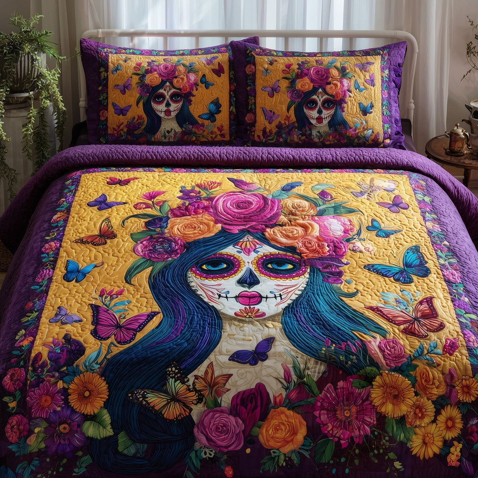Queen of the Dead quilted bedding set, quilt and two pillow shams on a made bed
