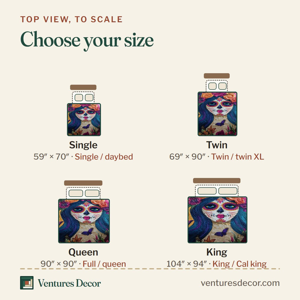 Size guide for the Queen of the Dead quilt, top view to scale: Single 59 x 70 in, Twin 69 x 90 in, Queen 90 x 90 in, King 104 x 94 in