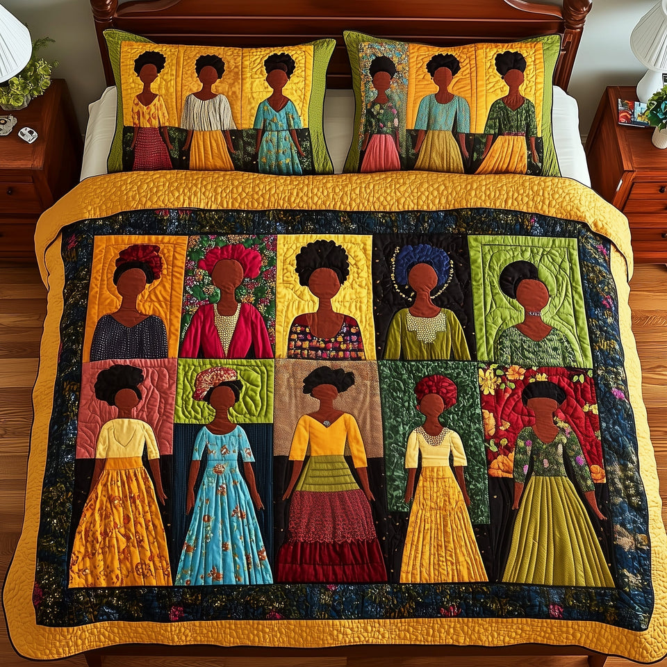 Queens Portrait Patch Grid quilted bedding set, quilt and two pillow shams on a made bed