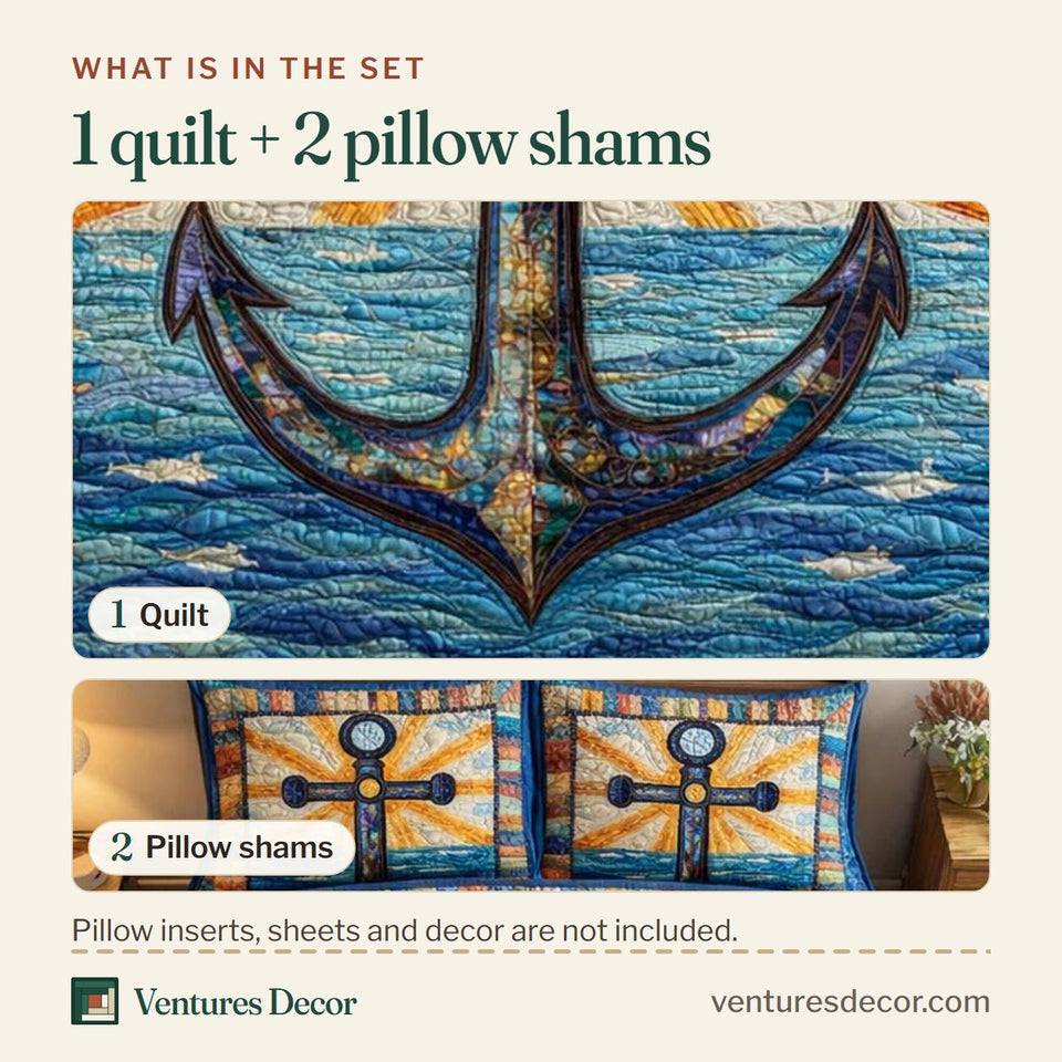 What is in the set: one quilt and two pillow shams, shown in the Radiant Anchor design