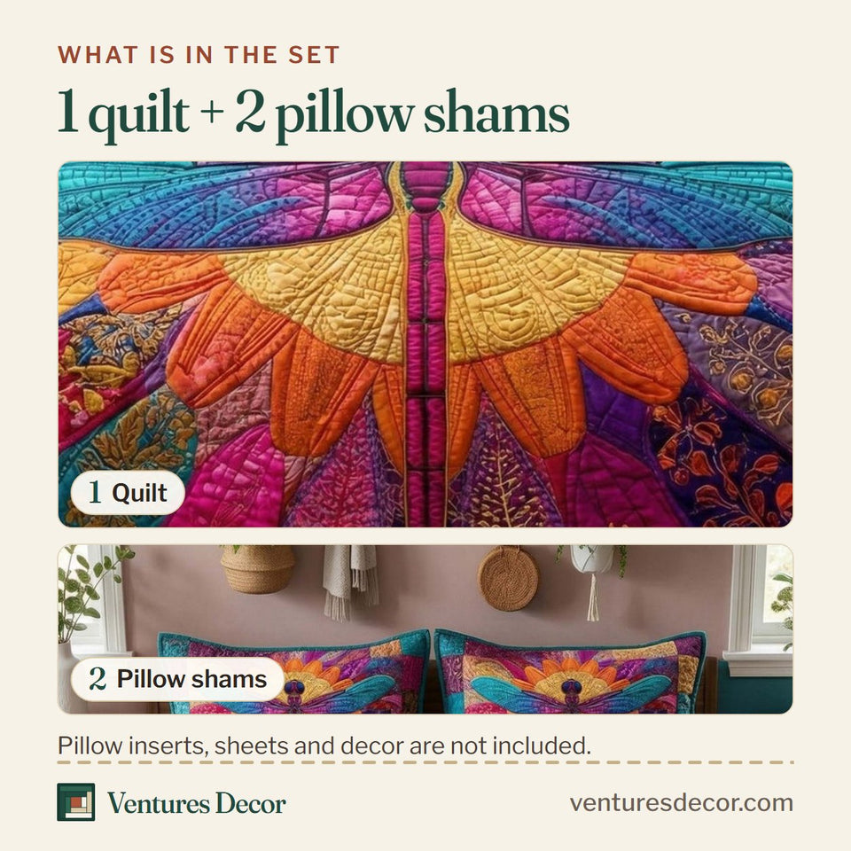 What is in the set: one quilt and two pillow shams, shown in the Radiant Dragonfly Mosaic Glow design