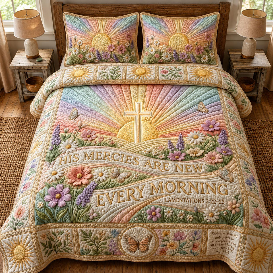 Radiant Faith quilted bedding set, quilt and two pillow shams on a made bed