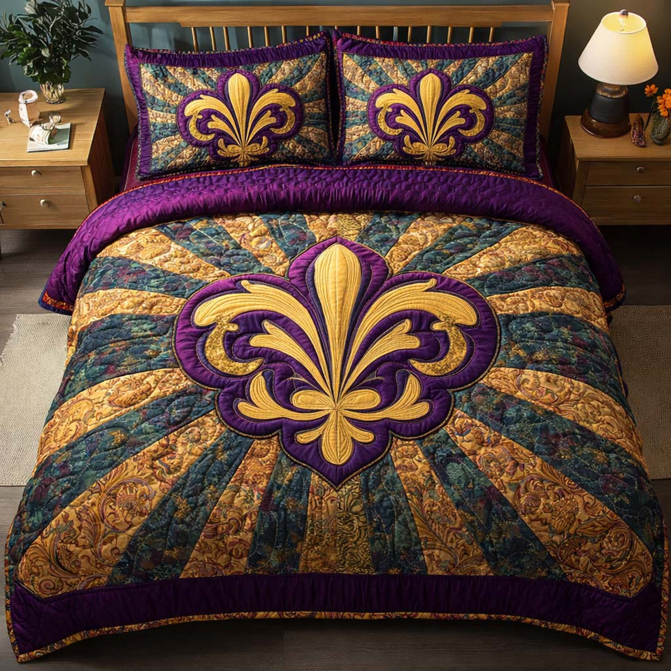 Radiant Fleur quilted bedding set, quilt and two pillow shams on a made bed