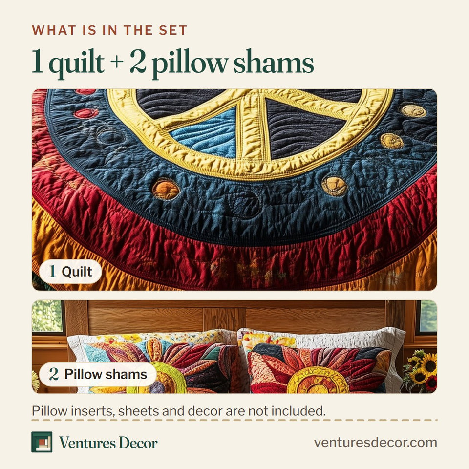 What is in the set: one quilt and two pillow shams, shown in the Radiant Harmony Round Medallion Rays design