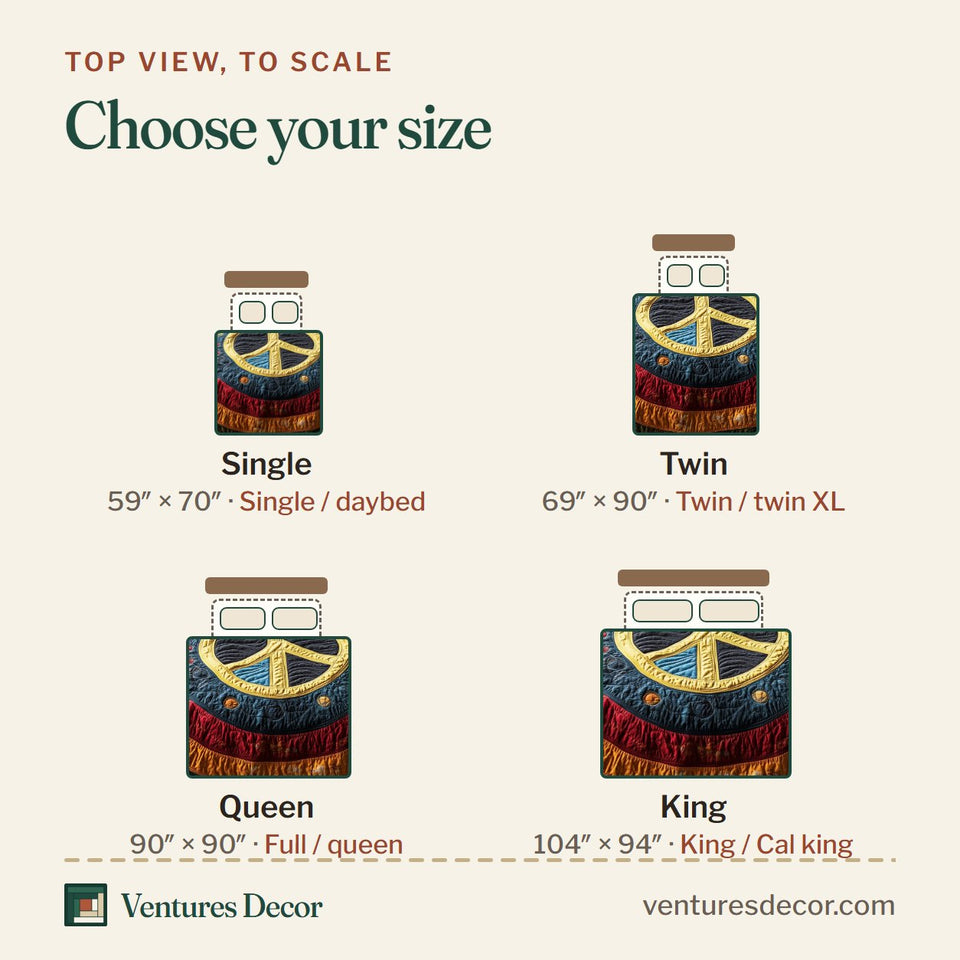 Size guide for the Radiant Harmony Round Medallion Rays quilt, top view to scale: Single 59 x 70 in, Twin 69 x 90 in, Queen 90 x 90 in, King 104 x 94 in