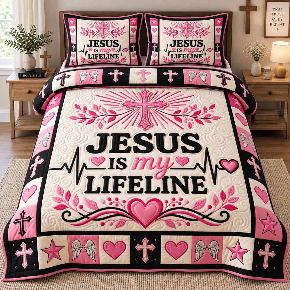 Radiant Heartbeat Cross quilted bedding set, quilt and two pillow shams on a made bed