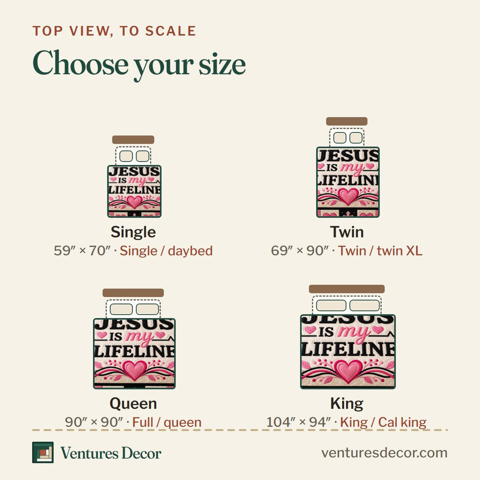 Size guide for the Radiant Heartbeat Cross quilt, top view to scale: Single 59 x 70 in, Twin 69 x 90 in, Queen 90 x 90 in, King 104 x 94 in