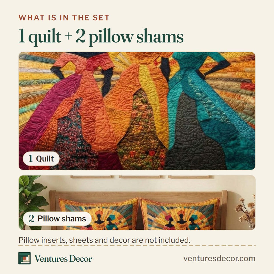 What is in the set: one quilt and two pillow shams, shown in the Radiant Sisters design