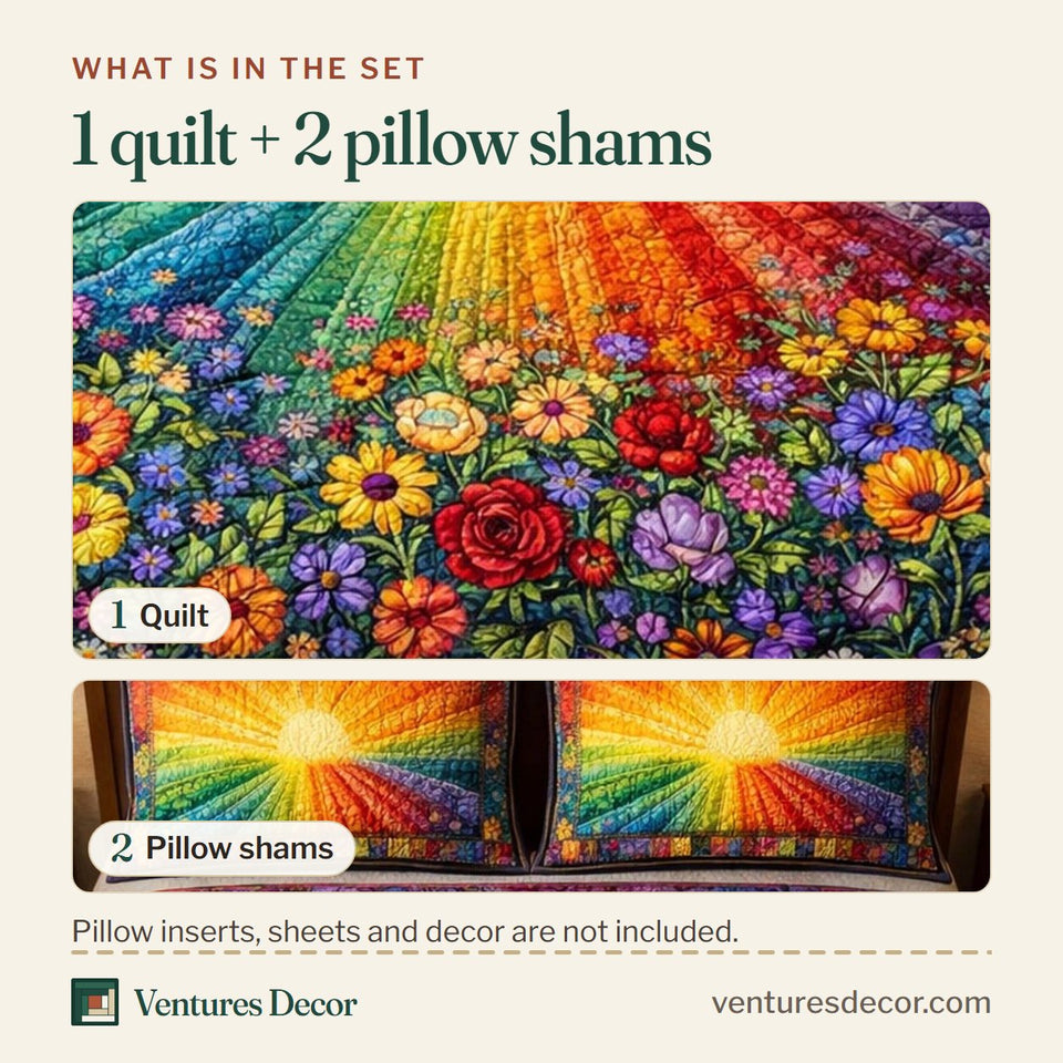 What is in the set: one quilt and two pillow shams, shown in the Radiant Wildflower design
