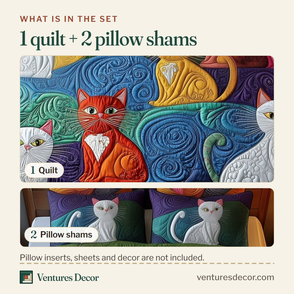 What is in the set: one quilt and two pillow shams, shown in the Rainbow Cats on Parade design