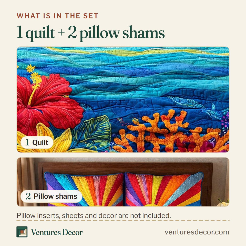What is in the set: one quilt and two pillow shams, shown in the Rainbow Sun Coral Reef design