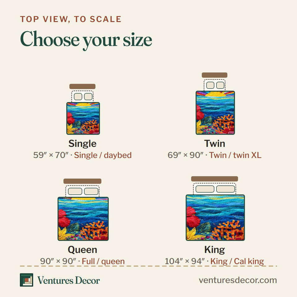 Size guide for the Rainbow Sun Coral Reef quilt, top view to scale: Single 59 x 70 in, Twin 69 x 90 in, Queen 90 x 90 in, King 104 x 94 in