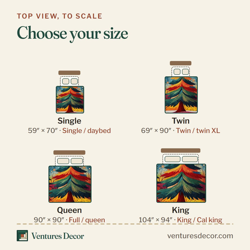 Size guide for the Rainbow Tinsel Trees quilt, top view to scale: Single 59 x 70 in, Twin 69 x 90 in, Queen 90 x 90 in, King 104 x 94 in