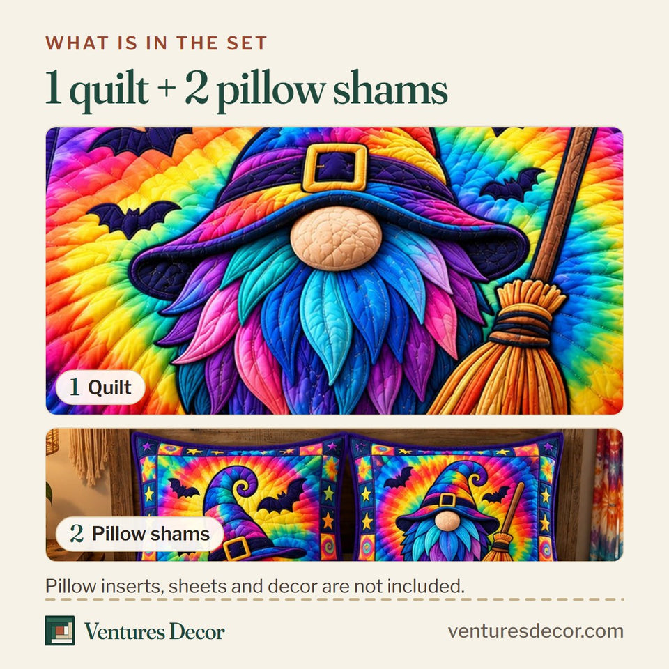 What is in the set: one quilt and two pillow shams, shown in the Rainbow Witch Gnome design