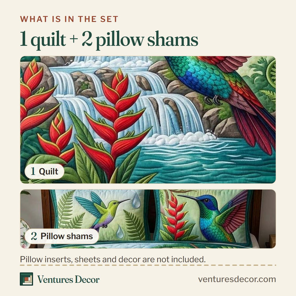 What is in the set: one quilt and two pillow shams, shown in the Rainforest Jewel Cascade design