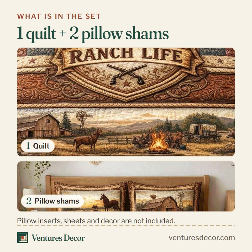 What is in the set: one quilt and two pillow shams, shown in the Ranch Life Badge design