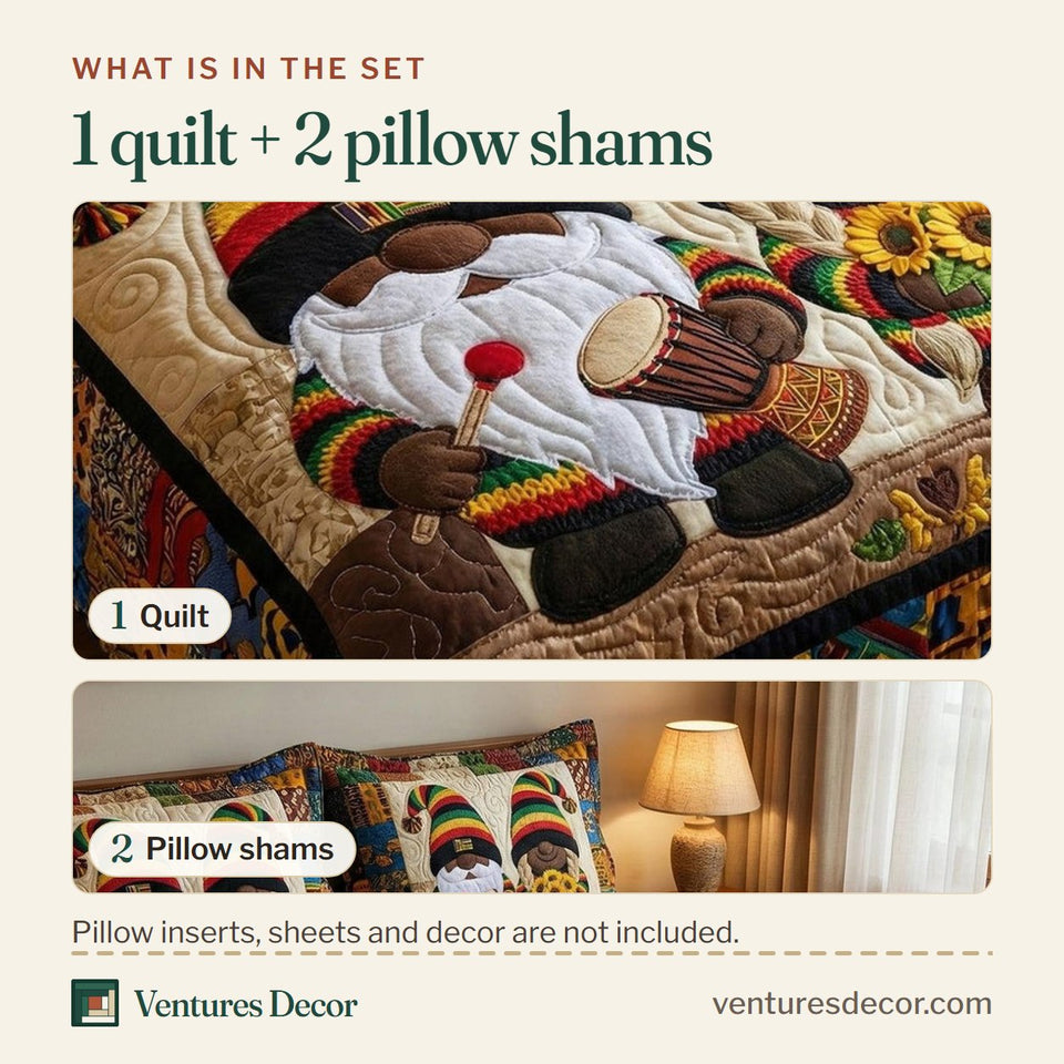 What is in the set: one quilt and two pillow shams, shown in the Rasta Gnome Sunflower Pair design