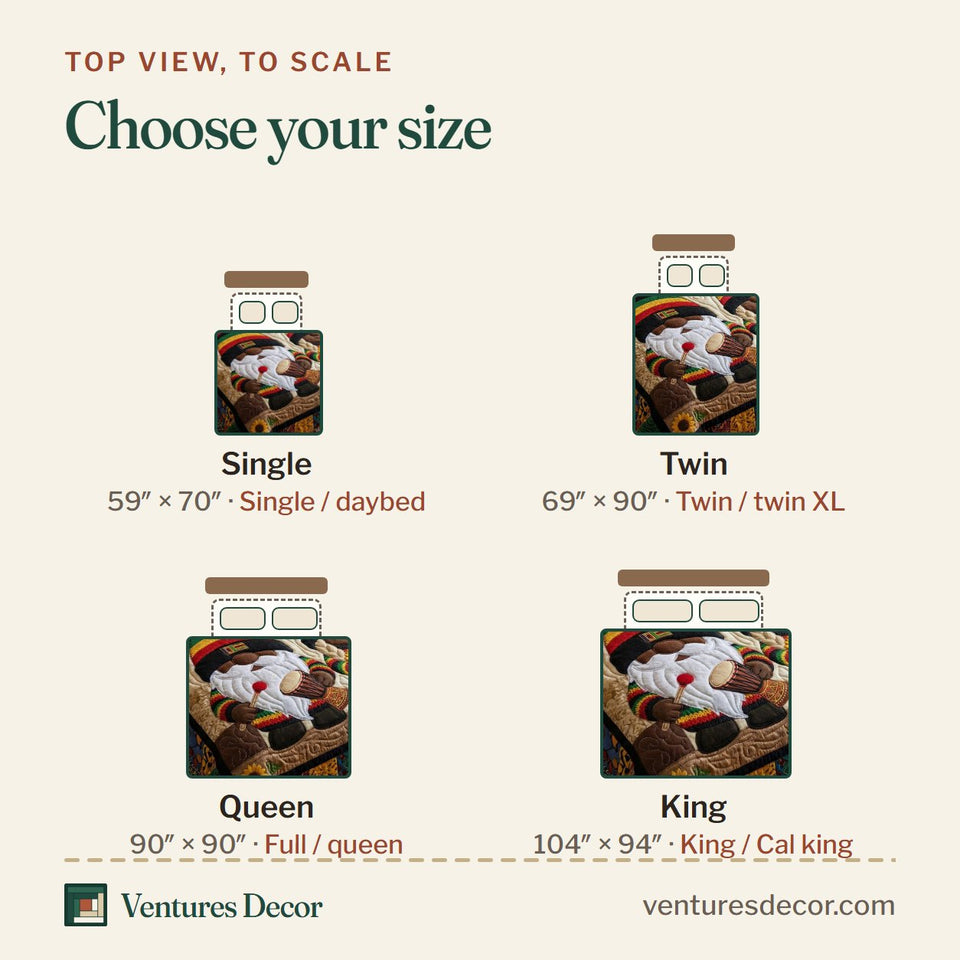 Size guide for the Rasta Gnome Sunflower Pair quilt, top view to scale: Single 59 x 70 in, Twin 69 x 90 in, Queen 90 x 90 in, King 104 x 94 in