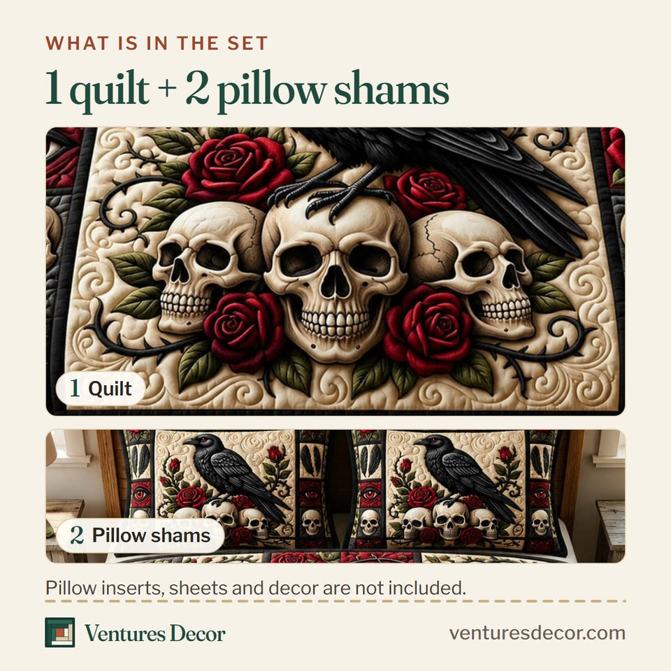 What is in the set: one quilt and two pillow shams, shown in the Raven Roost Skulls design