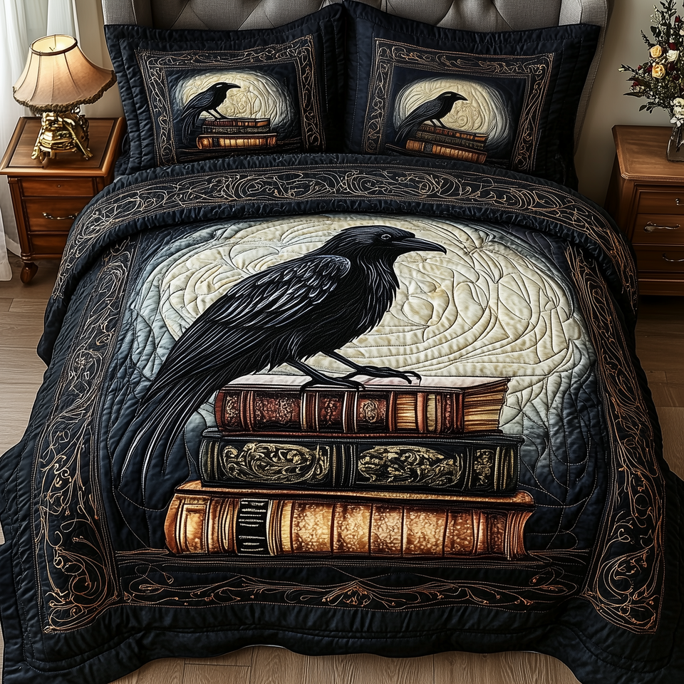 Raven Tome Midnight quilted bedding set, quilt and two pillow shams on a made bed