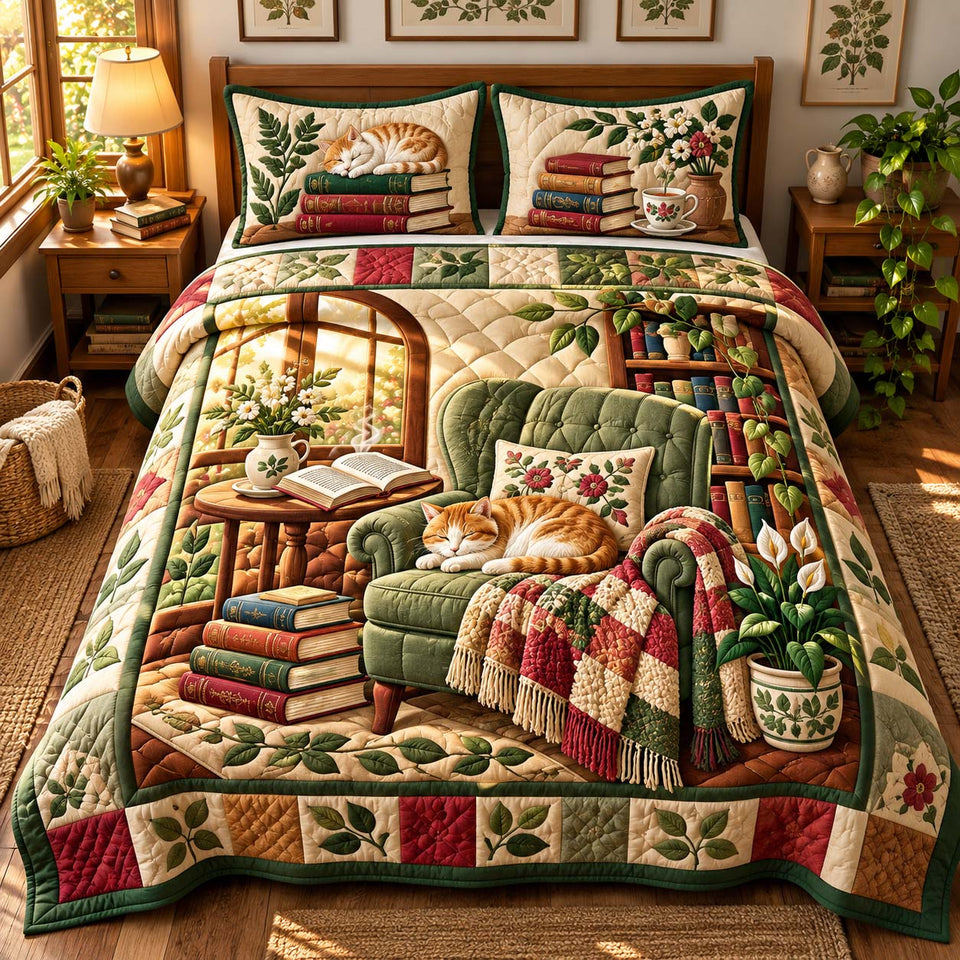 Reading Nook Kitty quilted bedding set, quilt and two pillow shams on a made bed