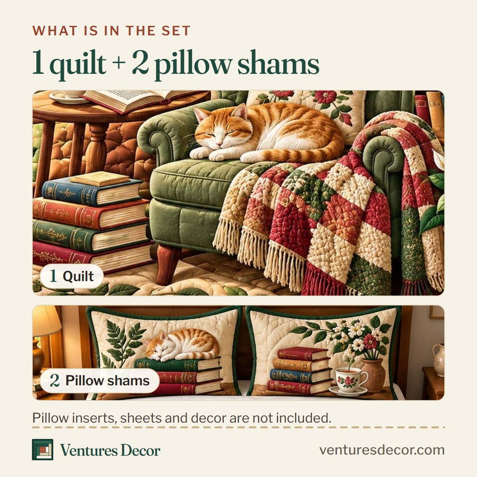 What is in the set: one quilt and two pillow shams, shown in the Reading Nook Kitty Quilt Set, 3-Piece Quilted Bedding with 2 Pillow Shams design