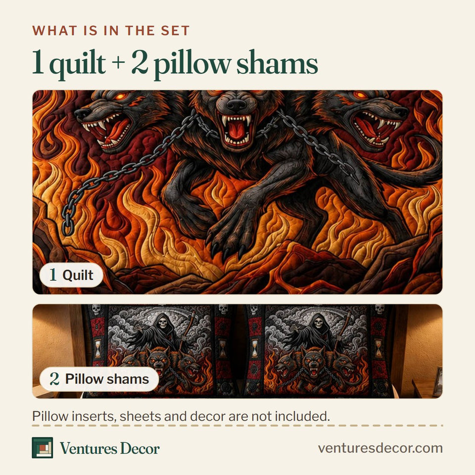 What is in the set: one quilt and two pillow shams, shown in the Reaper Hellhound Inferno design