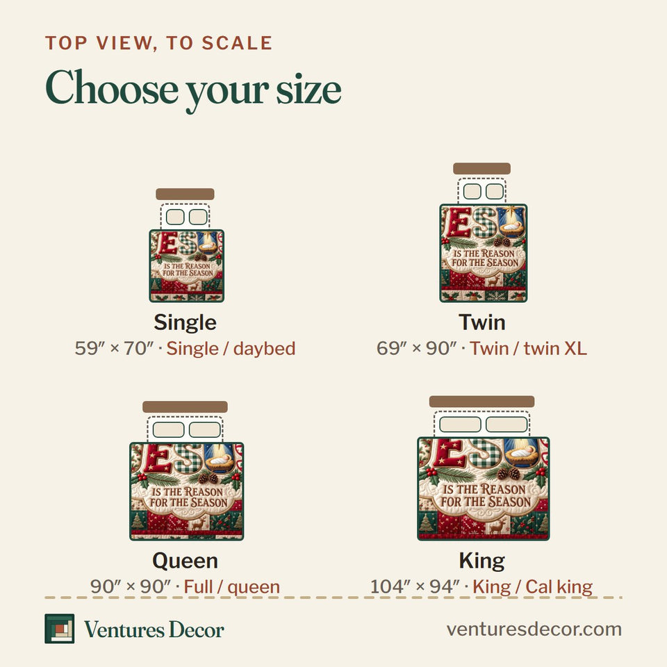 Size guide for the Reason For Season Christmas quilt, top view to scale: Single 59 x 70 in, Twin 69 x 90 in, Queen 90 x 90 in, King 104 x 94 in