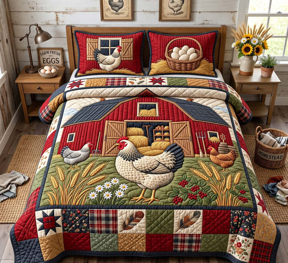 Red Barn Hens quilted bedding set, quilt and two pillow shams on a made bed
